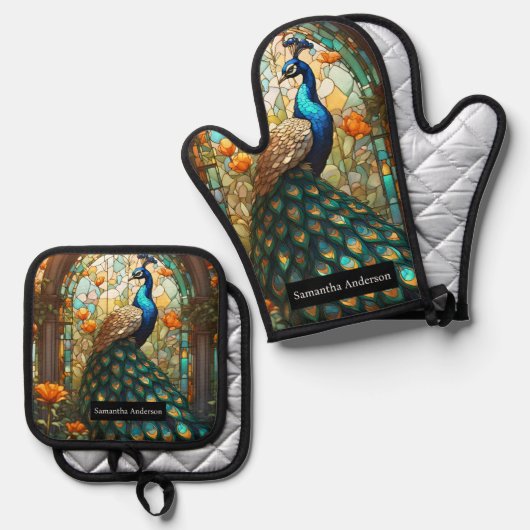 Luxusküche: Glass Peacock Ofenhandschuh & Topflappen-Set (Vorderseite/Rückseite)