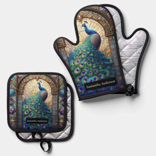Luxusküche: Glass Peacock Ofenhandschuh & Topflappen-Set (Vorderseite/Rückseite)