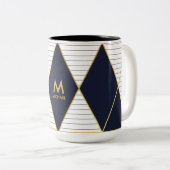 Luxusmarine-Blau-Goldstreifen-Monogramm Zwei-Ton Zweifarbige Tasse (VorderseiteRechts)