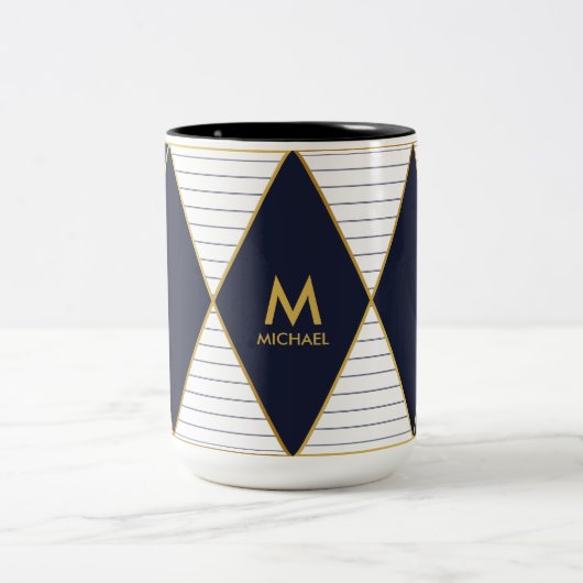 Luxusmarine-Blau-Goldstreifen-Monogramm Zwei-Ton Zweifarbige Tasse (Mittel)