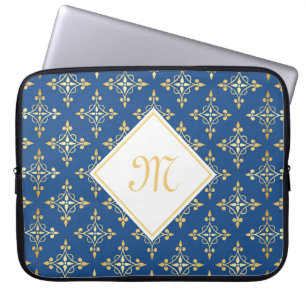 Luxusmonogramm-Blau und Gold Quatre mit Blumen Laptopschutzhülle