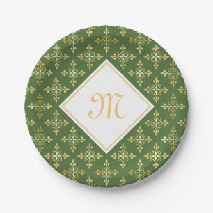 Luxusmonogramm-Grün und Gold Quatre mit Blumen Pappteller