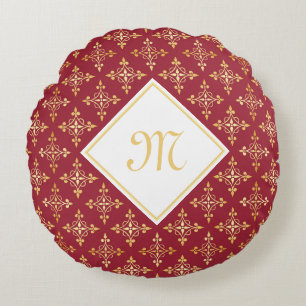 Luxusmonogramm-Rot und Gold Quatre mit Blumen Rundes Kissen