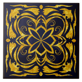 Luxusnavyblau und Gold Ornamental Flora Fliese
