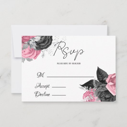 Luxuspink und Schwarz-Flora Hochzeit RSVP Karte (Vorderseite)