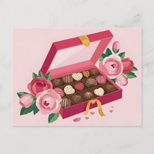 Luxusschokoladenbox mit rosa Rosen Postkarte