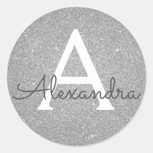 Luxussilber-Glitzer und Sparkle-Monogramm Runder Aufkleber