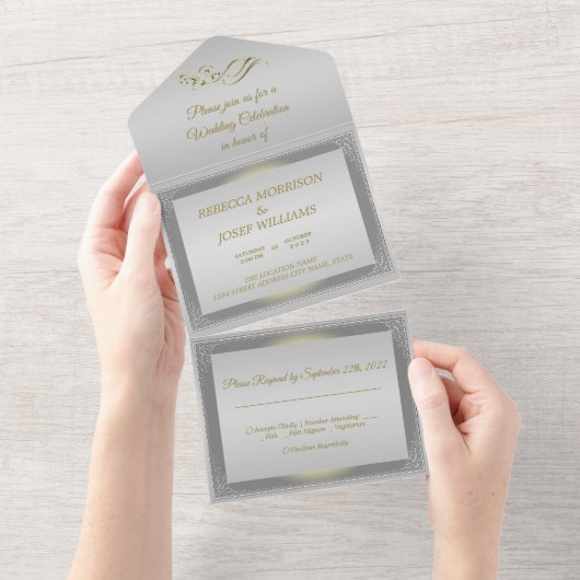 Luxussilbergoldgrenze verziert all in one einladung (Abreißen)