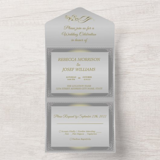 Luxussilbergoldgrenze verziert all in one einladung (Innen Boden)