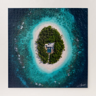 Luxusvilla auf ovaler Insel in Satellitenansicht Puzzle