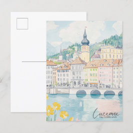 Luzern Schweiz Gouache Illustration Travel Postkarte