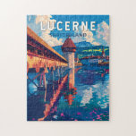Luzern Schweiz Tourismus Vintag Puzzle<br><div class="desc">Luzerner Retrovektor-Reisedesign. Luzern,  eine Kompaktstadt in der Schweiz,  bekannt für ihre bewahrte mittelalterliche Architektur,  liegt inmitten schneebedeckter Berge am Vierwaldstättersee.</div>