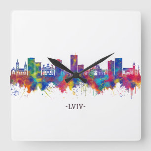 Lviv Ukraine Skyline Quadratische Wanduhr