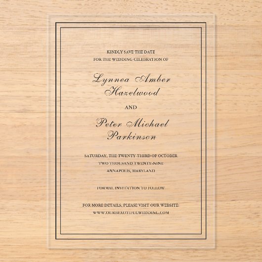 Lynnea Simple Elegant Wedding Save the Date Acryleinladungen (Vorderseite)