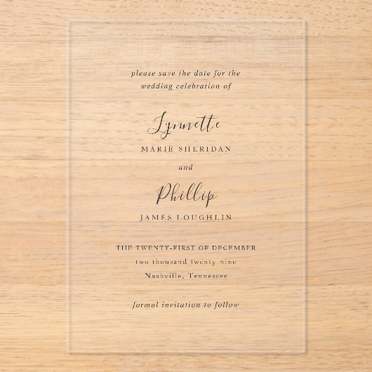 Lynnette Traditional Elegante Wedding Save the Dat Acryleinladungen (Vorderseite)