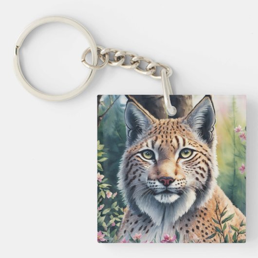 Lynx Wasserfarben Malerei Blumengestein Kunst Schlüsselanhänger (Vorderseite)