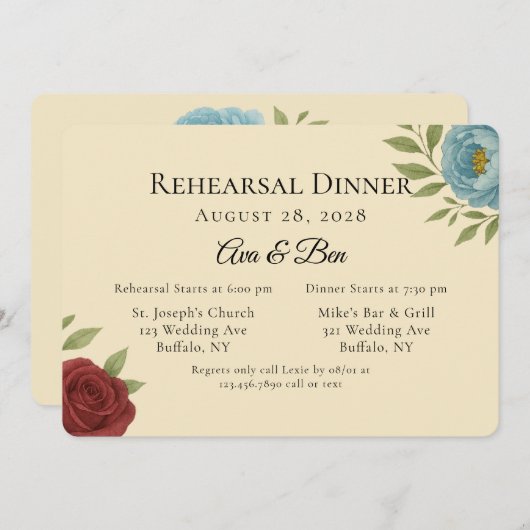 Lyons Blue & Dark Red Peony Probe Dinner Einladung (Vorne/Hinten)