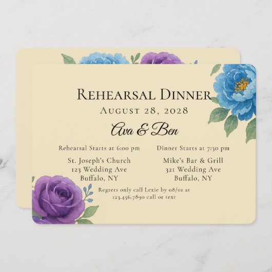 Lyons Blue & Fig Lila Peony Probe Dinner Einladung (Vorne/Hinten)