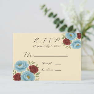 Lyons Blue Peony & Dark Red Peony Wedding RSVP Karte