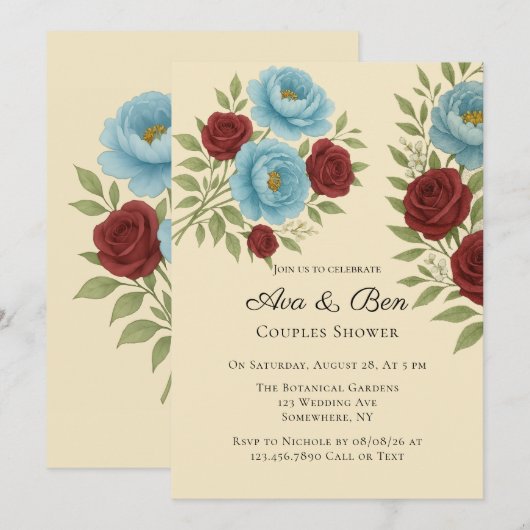 Lyons Blue Peony & Rote Rosen Einladung (Vorne/Hinten)