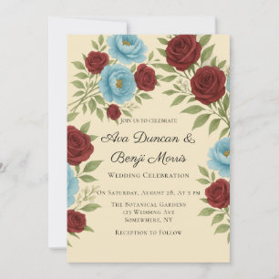 Lyons Blue Peony & Rote Rosen Hochzeitsfeier Einladung