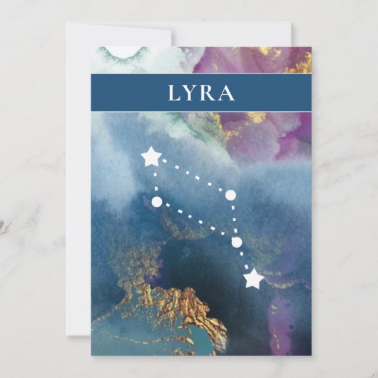 Lyra Table Sign Celestial Watercolor Thema Einladung (Vorderseite)