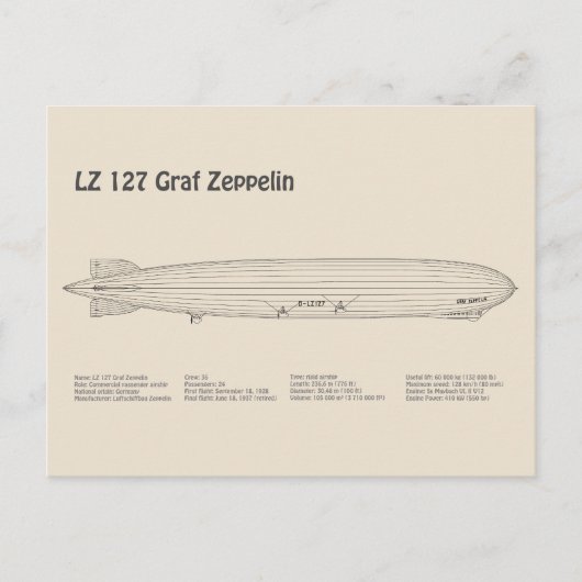 LZ 127 Graf Zeppelin - Luftschiff Blueprint Plans Postkarte (Vorderseite)