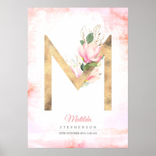 M Buchstabe Monogramm Goldene Blätter Rosa Magnoli Poster