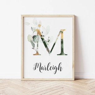M Buchstabe Monogramm Grünzeug Kinderzimmer Name W Poster