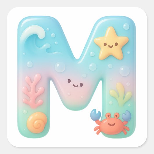 "M" Cute Letter - Underwater Sea Creature Quadratischer Aufkleber (Vorderseite)