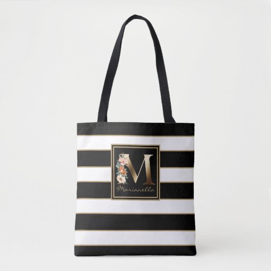 M Gold Floral Monogram | Schwarz-weiße Streifen Tasche (Vorderseite)
