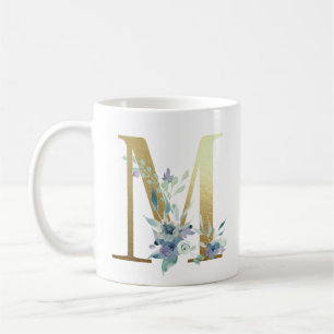 M, goldene Initiale mit blauem floralem Blattwerk Kaffeetasse