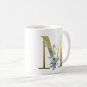 M, goldfarbener Erstling mit blauem Blumenblättern Kaffeetasse (VorderseiteRechts)