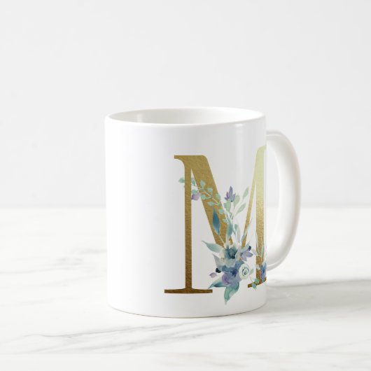 M, goldfarbener Erstling mit blauem Blumenblättern Kaffeetasse (VorderseiteRechts)