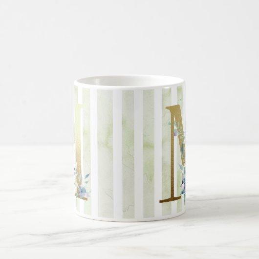 M, goldfarbener Initialwert an blau-weißen Streife Kaffeetasse (Mittel)