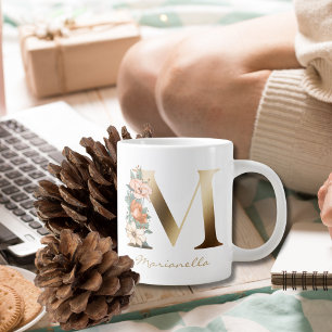 M Letter Gold Monogram Burnt Orange Florals Jumbo-Tasse