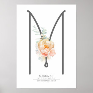 M Letter Monogram Blush Peach Floral Home Decor Poster