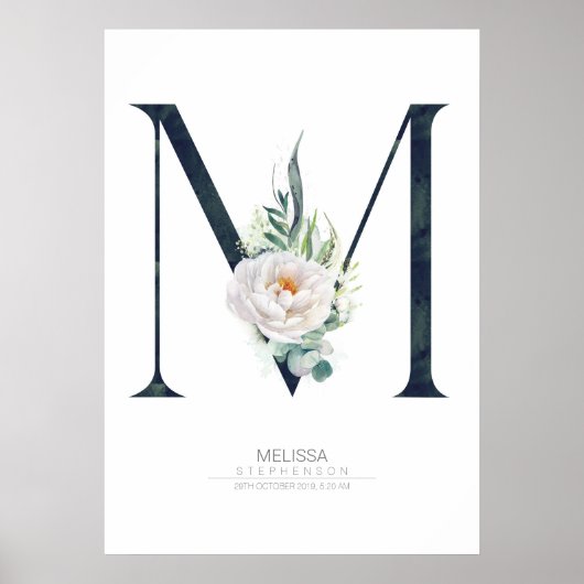 M Letter Monogram Weiße Blume und Grüne Poster (Vorne)