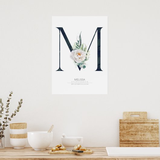 M Letter Monogram Weiße Blume und Grüne Poster (Küche)