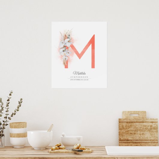 M Letter Monogram White Orchias and Pampas Grass Poster (Küche)