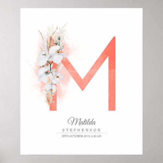 M Letter Monogram White Orchias and Pampas Grass Poster (Vorne)