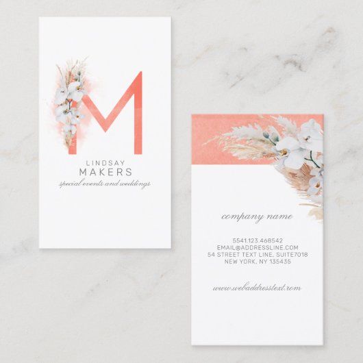 M Letter Monogram White Orchias and Pampas Grass Visitenkarte (Vorne/Hinten)