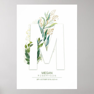 M Letter Monogramm Gold Grün Foliage Chic Poster
