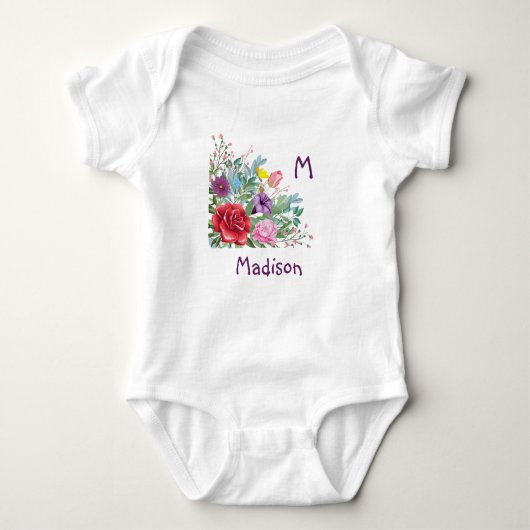 M Madison Personalisiere Initialname, Rose Blume Baby Strampler (Vorderseite)