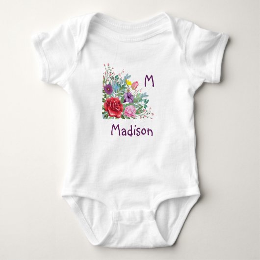 M Madison Personalisiere Initialname, Rose Blume Baby Strampler (Vorderseite)