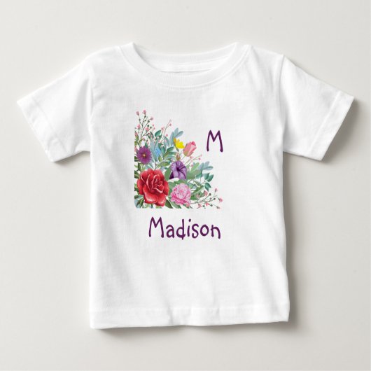 M Madison Personalisiere Initialname, Rose Blume Baby T-shirt (Vorderseite)