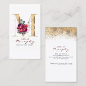 M Monogram Burgundy Red Blume und Gold Glitzer Visitenkarte (Vorne/Hinten)