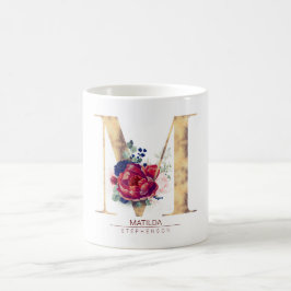 M Monogram Floral Burgund Red and Navy Blue Kaffeetasse
