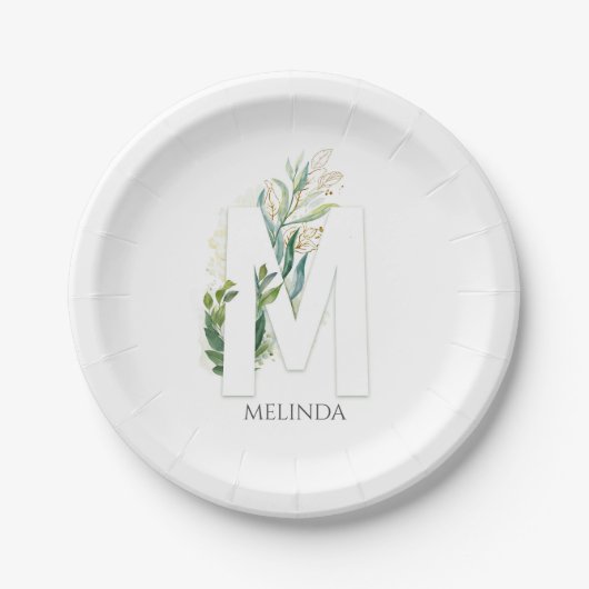 M Monogram Gold Greenerity Blätter Eleganter Name Pappteller (Vorderseite)