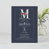 M Monogram Letzter Initial Moderner Blauer Blumenh Einladung (Stehend Vorderseite)